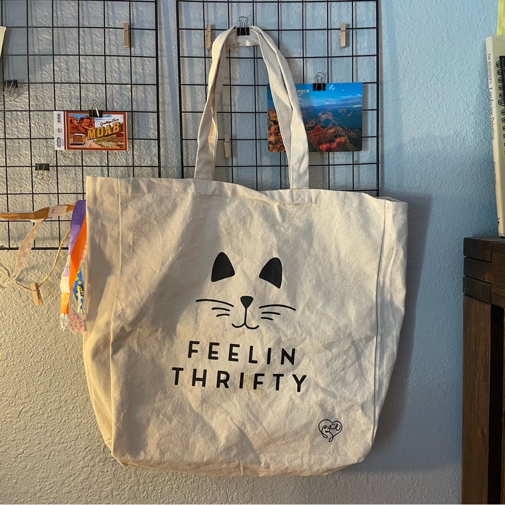 Women’s Tan Canvas SPCA Feelin Thrifty Cat Tote Bag